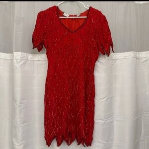 Laurence Kazar Red Beaded Mini Dress